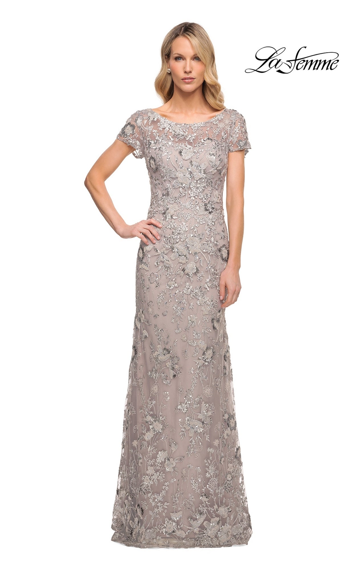 Long Formal Dress: La Femme 30053, a floor-length, taupe modest evening gown with short sleeves and intricate silver floral embroidery.